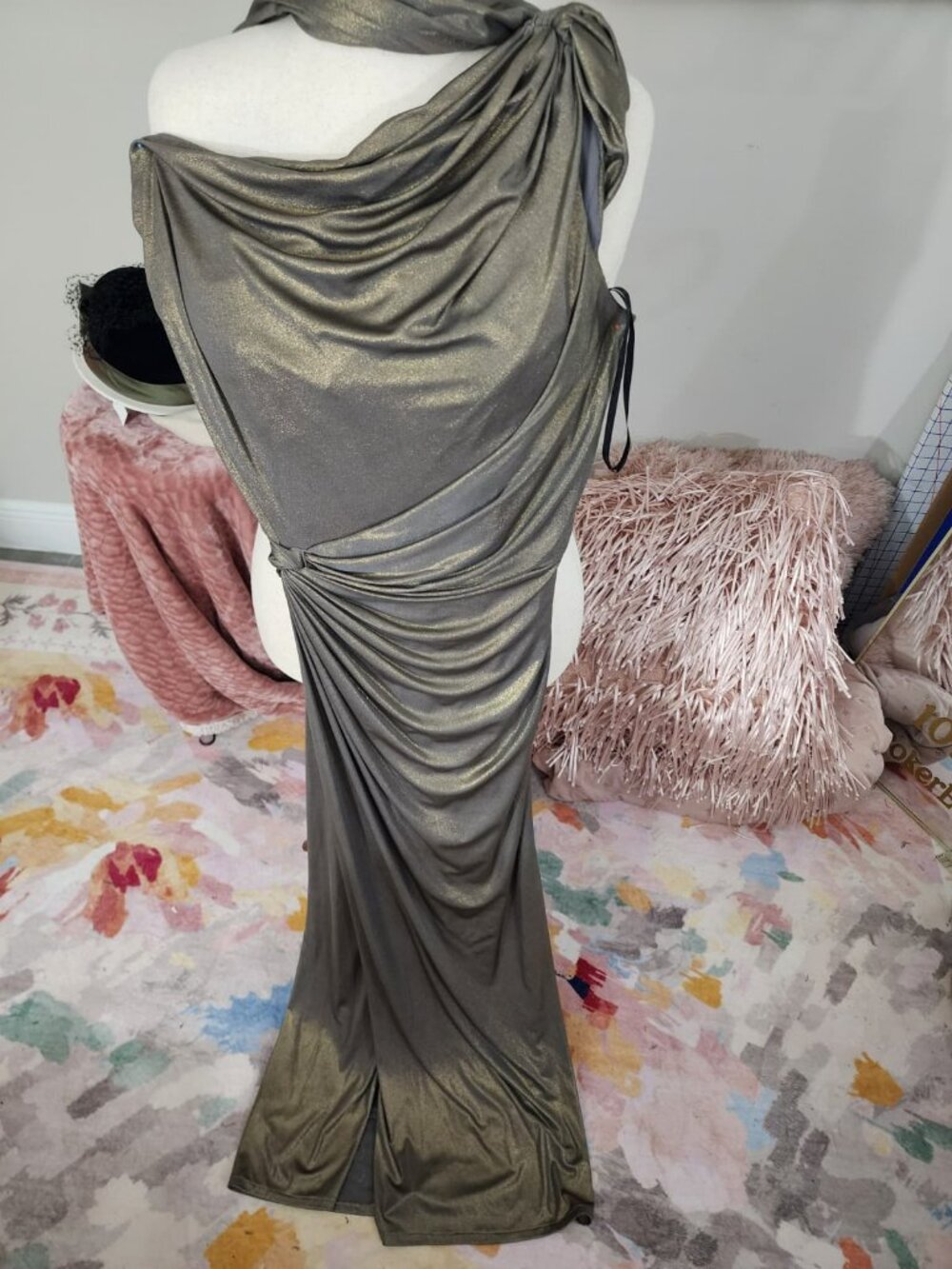 NWT Tadashi Collection Vintage Metallic One-Shoulder Gown Ruched Formal Dress
